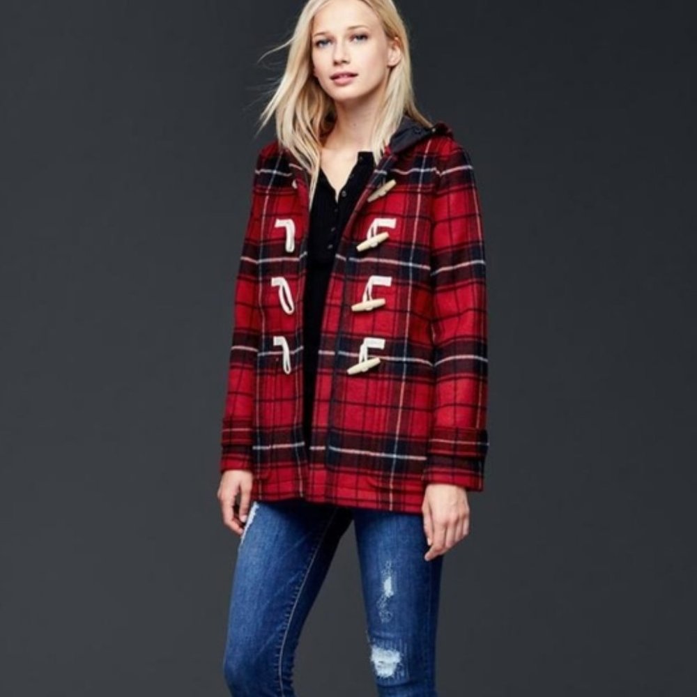 Gap Plaid Coat Toggle Red & Black Duffle Hooded Wool Coat XS